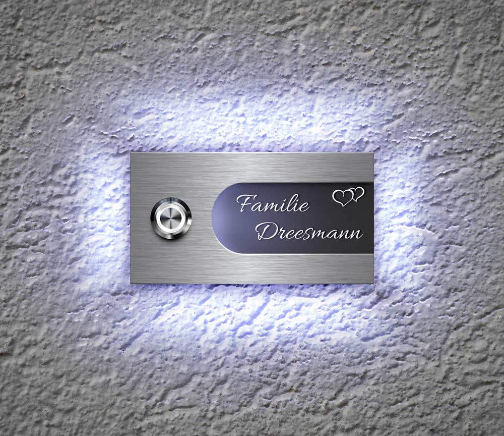 Klingelschild mit individueller Wunsch-Gravur 100 x 100 mm Adresse Türklingel aus Schiefer mit Name graviert Personalisierte Haustürklingel mit LED-Beleuchtung 