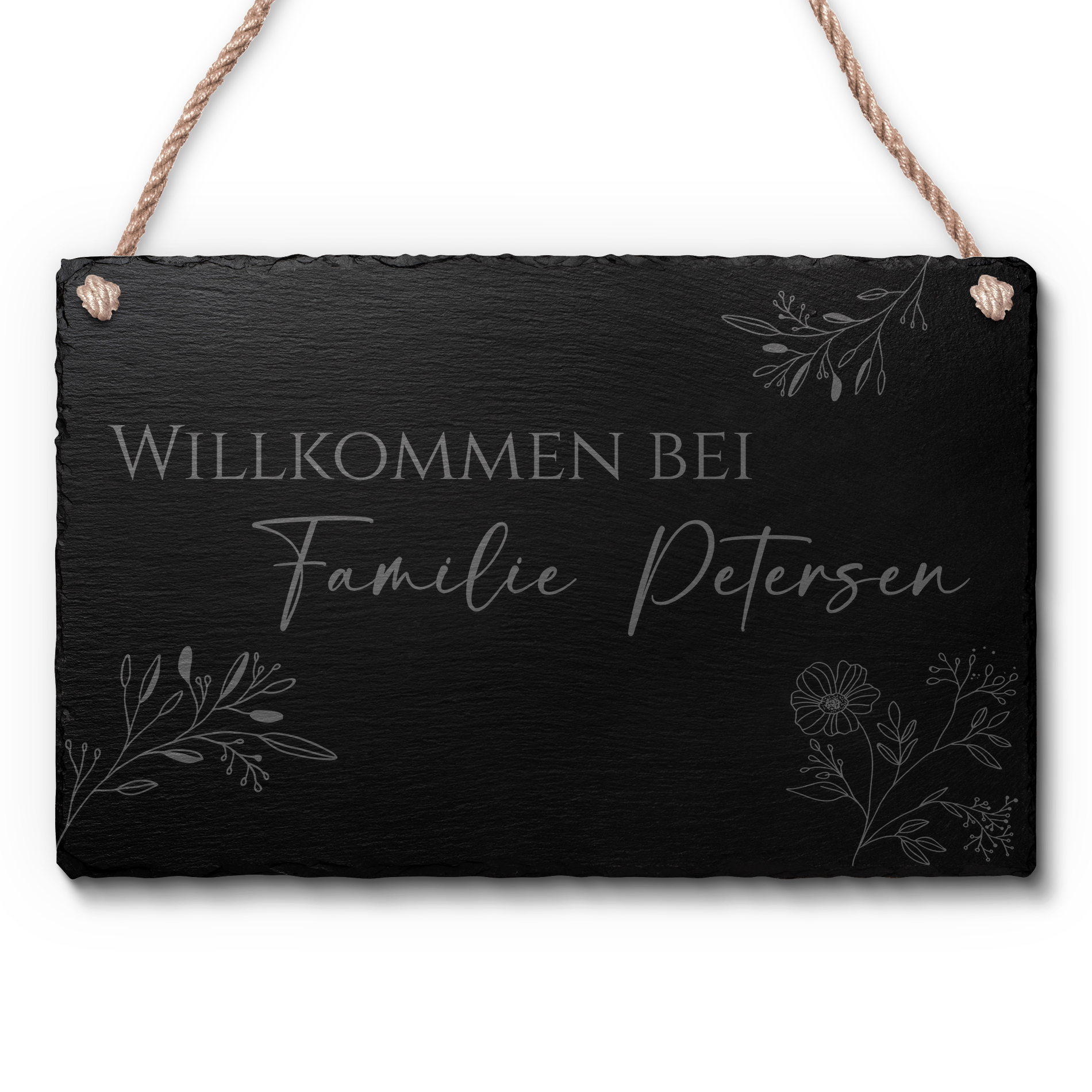 kordelschild-schiefer-name-blumen-gravur Kordelschild