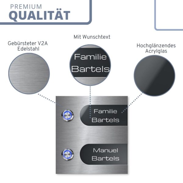 2 fach doppelhaus haustürklingel mit gravur und led 12x13 cm tuerklingel edlestahl acryl individuell qualitaet