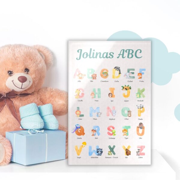 alphabet lernposter für kinder mit personalisiertem text wandbilder abc alphabet farbig bedruckt kinderzimmer