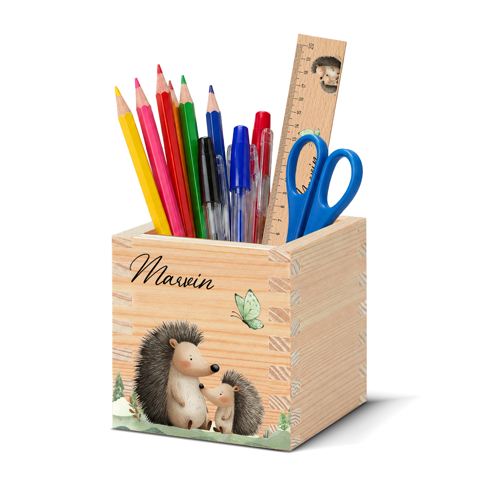 holz-schreibtisch-organizer-name-einschulung Personalisierte Kinder Stiftebox