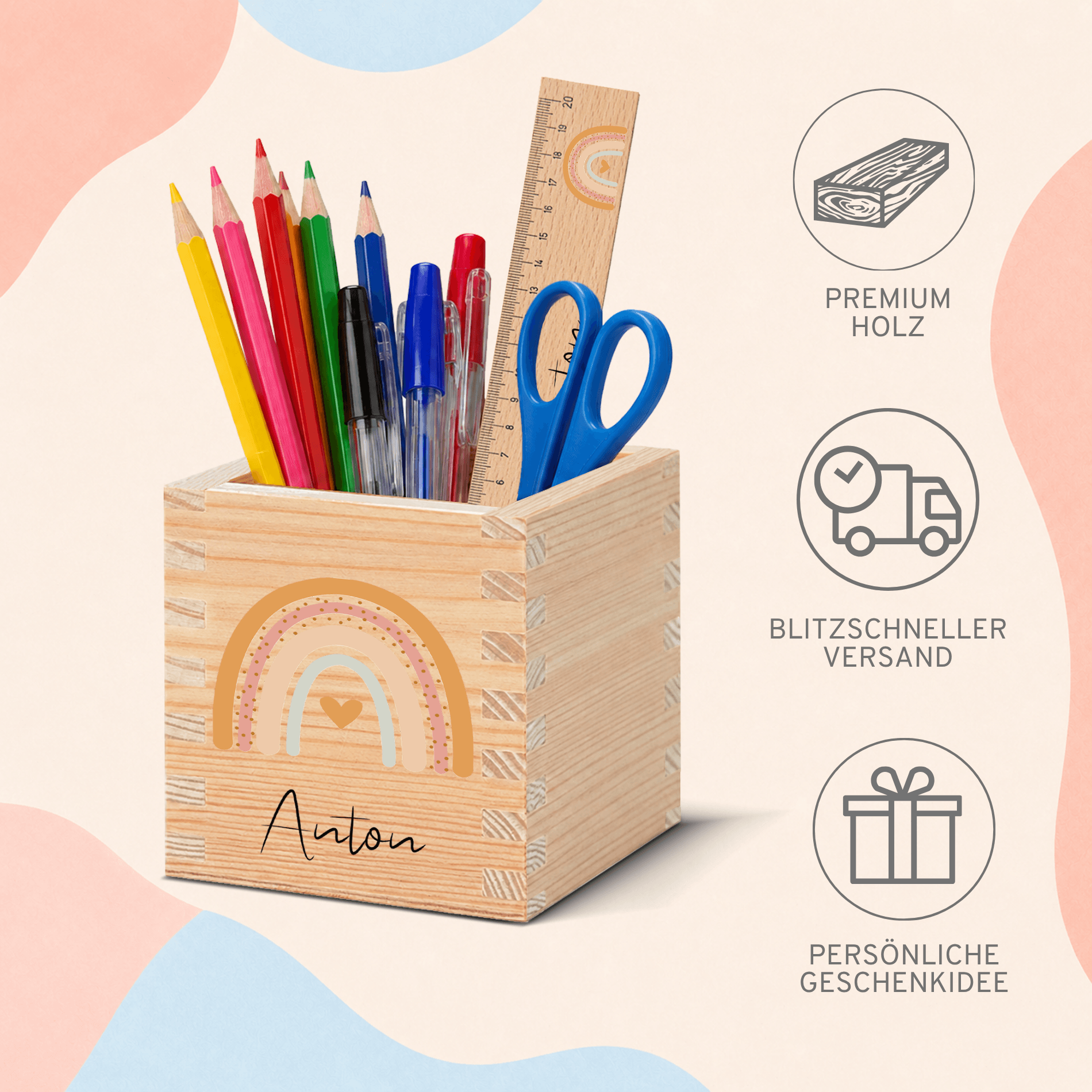 individuelle-stiftebox-holz-einschulung Stiftehalter aus Holz mit Namen und Regenbogen – Bild 3