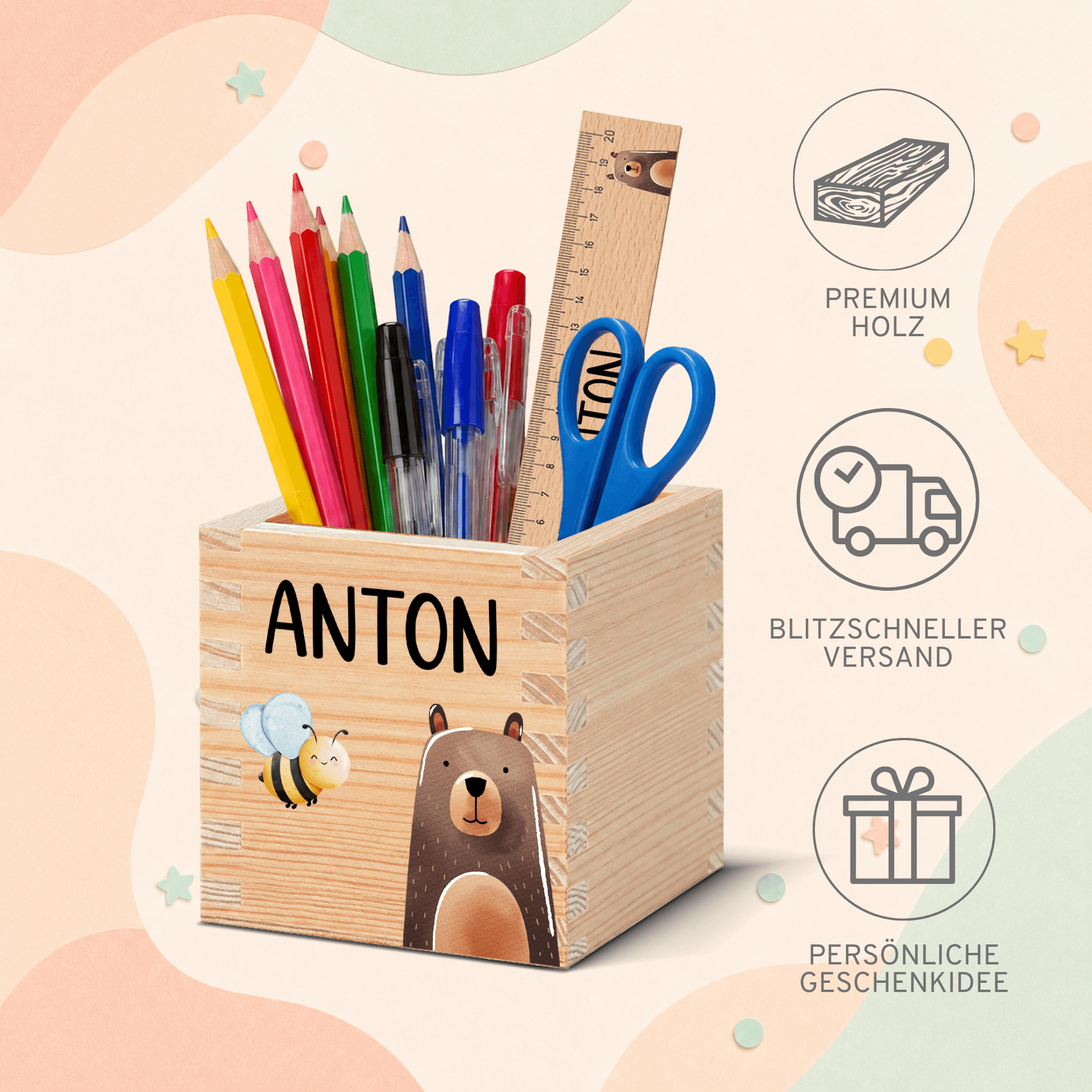 personalisierter-schreibtischhalter-schule-kindergarten Kinder Stiftehalter aus Holz personalisiert mit Namen – Bild 3